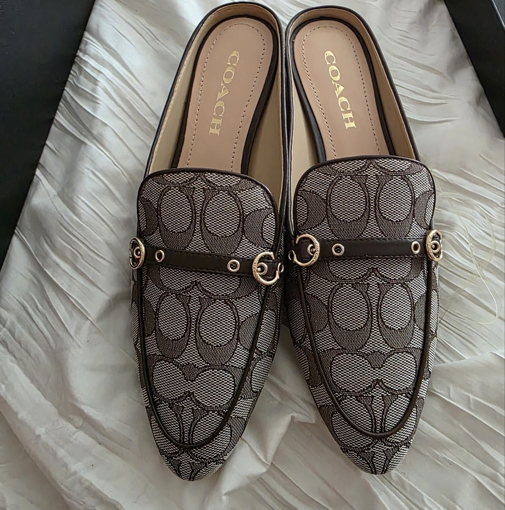 New Coach Irene Jacquard Mules In Oak/ Maple Sz.8